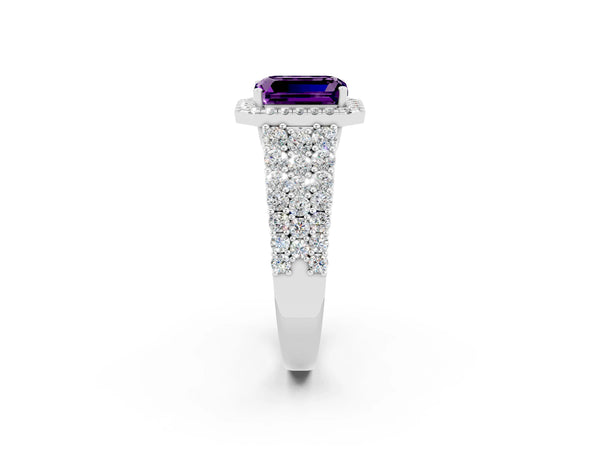 Platinum Emerald Cut Amethyst Halo Engagement Ring with Triple Row Round Pavé Band and Prong Setting
