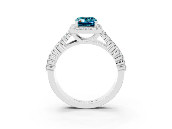 Platinum Emerald Cut Halo Pavé Diamond Engagement Ring with Split Shank and Four-Prong Setting