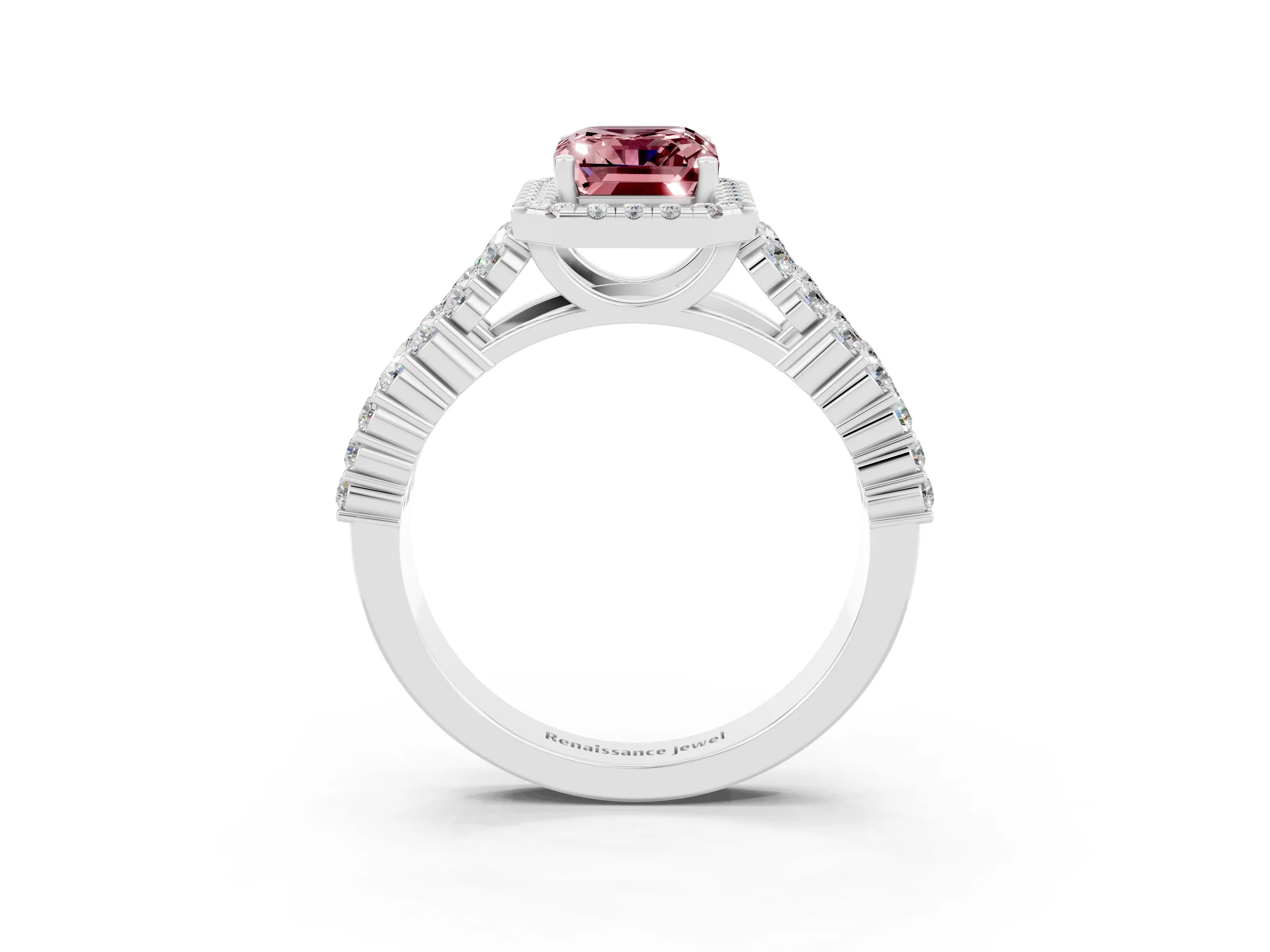 White gold Emerald Cut Halo Pavé Diamond Engagement Ring with Split Shank and Four-Prong Setting_3