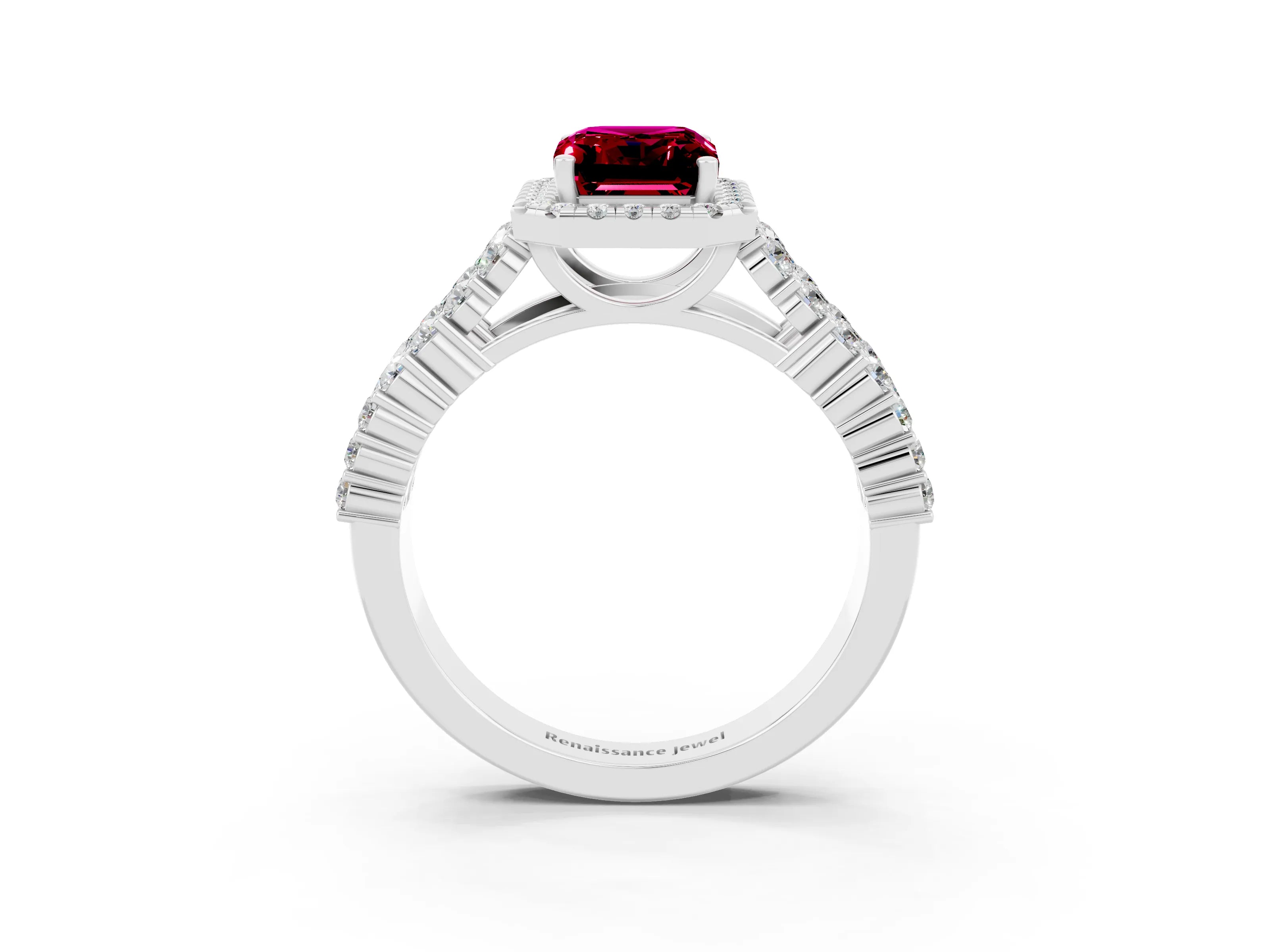 White gold Emerald Cut Halo Pavé Diamond Engagement Ring with Split Shank and Four-Prong Setting_3