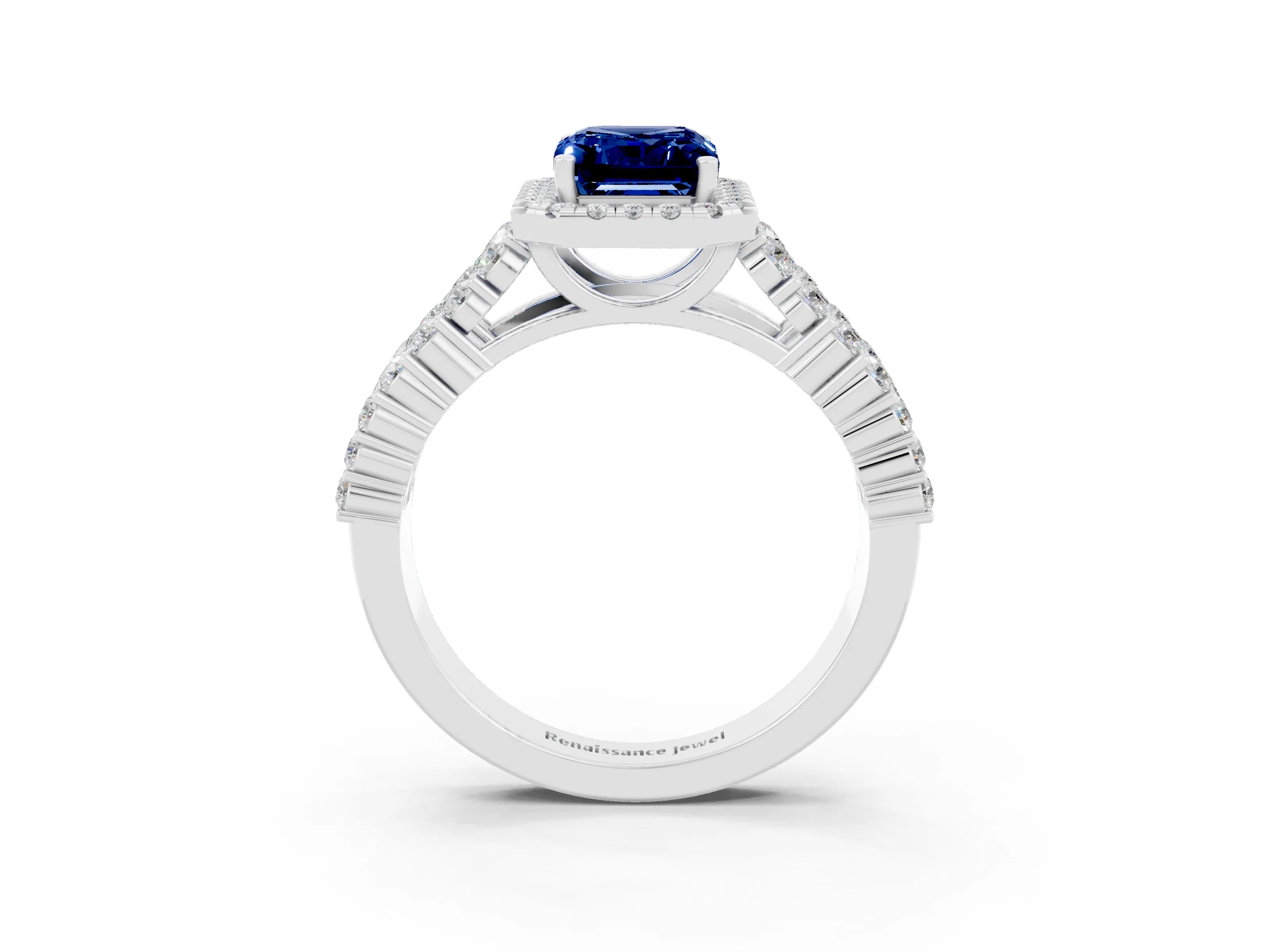 White gold Emerald Cut Halo Pavé Diamond Engagement Ring with Split Shank and Four-Prong Setting_3