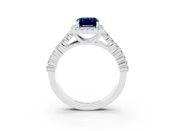 Platinum Emerald Cut Blue Sapphire Halo Engagement Ring with Triple Row Round Pavé Band and Prong Setting