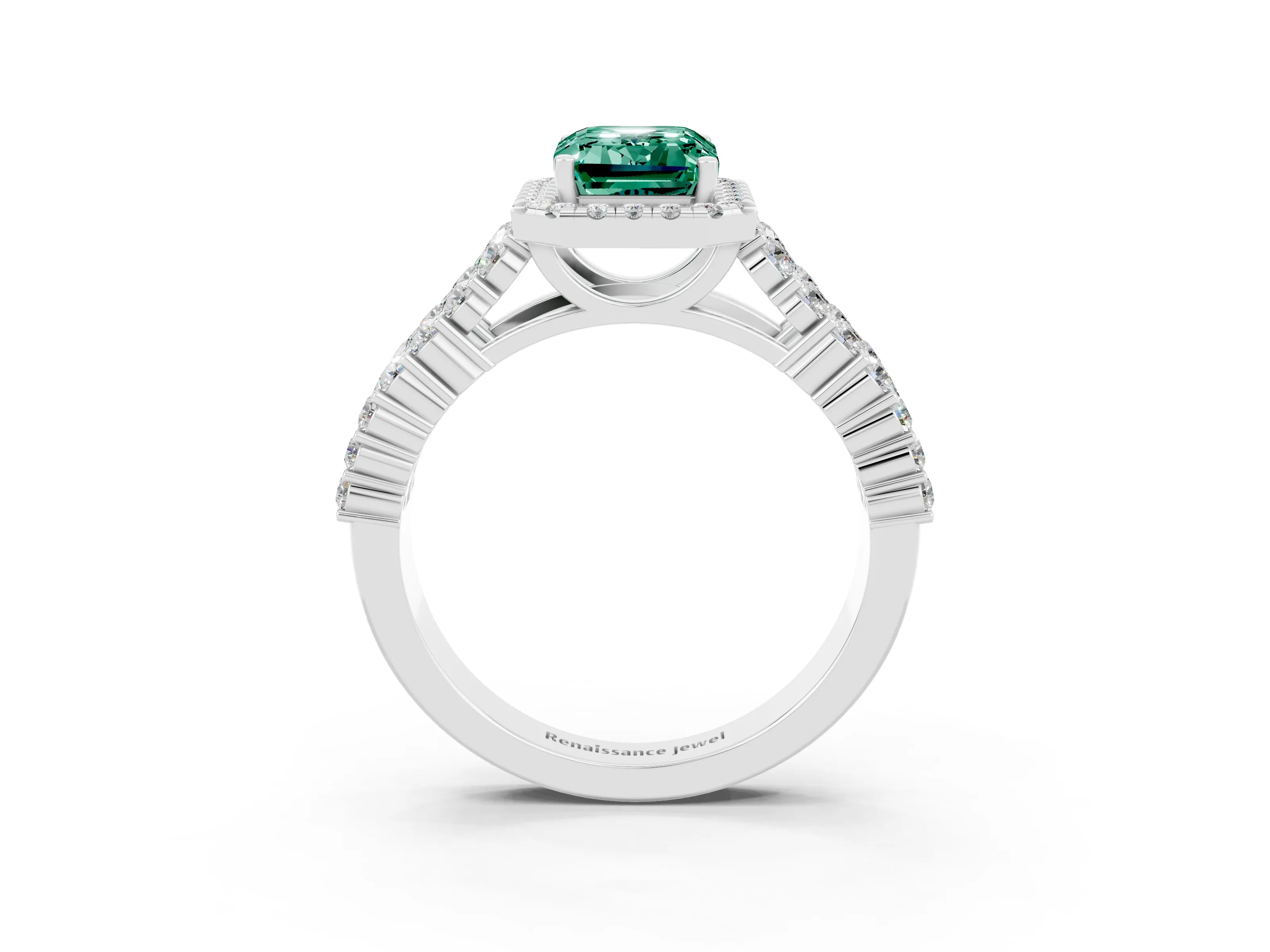 White gold Emerald Cut Halo Pavé Diamond Engagement Ring with Split Shank and Four-Prong Setting_3