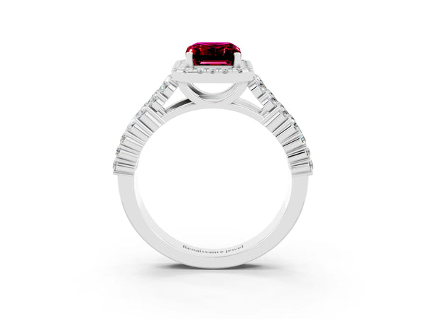 White gold Emerald Cut Garnet Halo Engagement Ring with Triple Row Round Pavé Band and Prong Setting