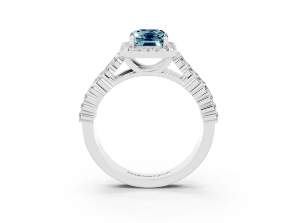 Platinum Emerald Cut Aquamarine Halo Engagement Ring with Triple Row Round Pavé Band and Prong Setting
