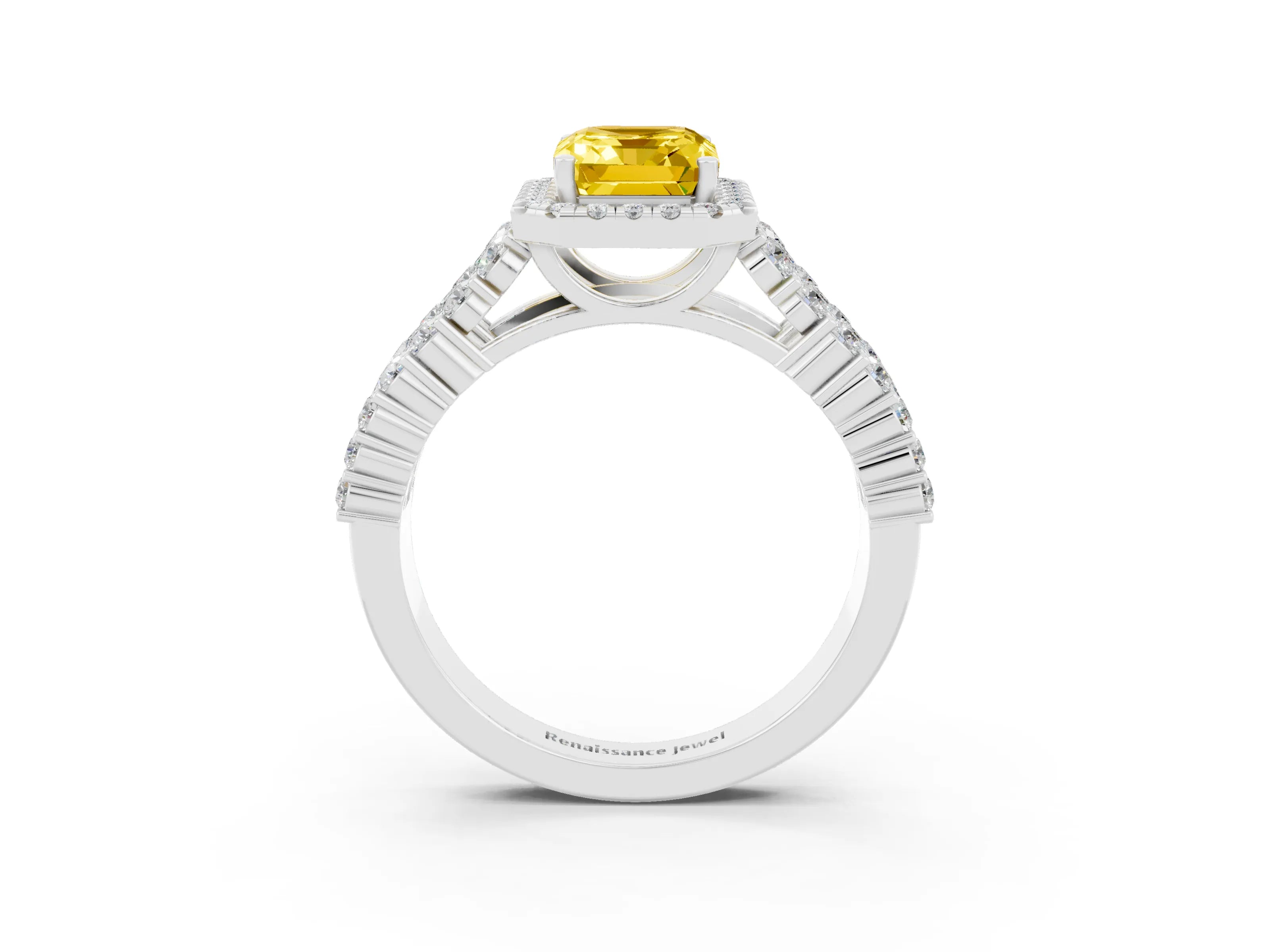 White gold Emerald Cut Halo Pavé Diamond Engagement Ring with Split Shank and Four-Prong Setting_3