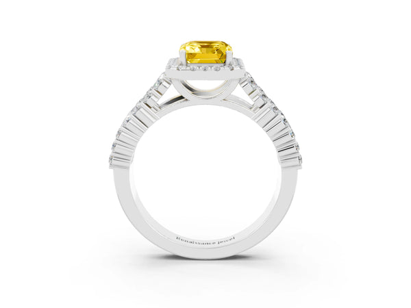 Silver Emerald Cut Yellow Sapphire Halo Engagement Ring with Triple Row Round Pavé Band and Prong Setting