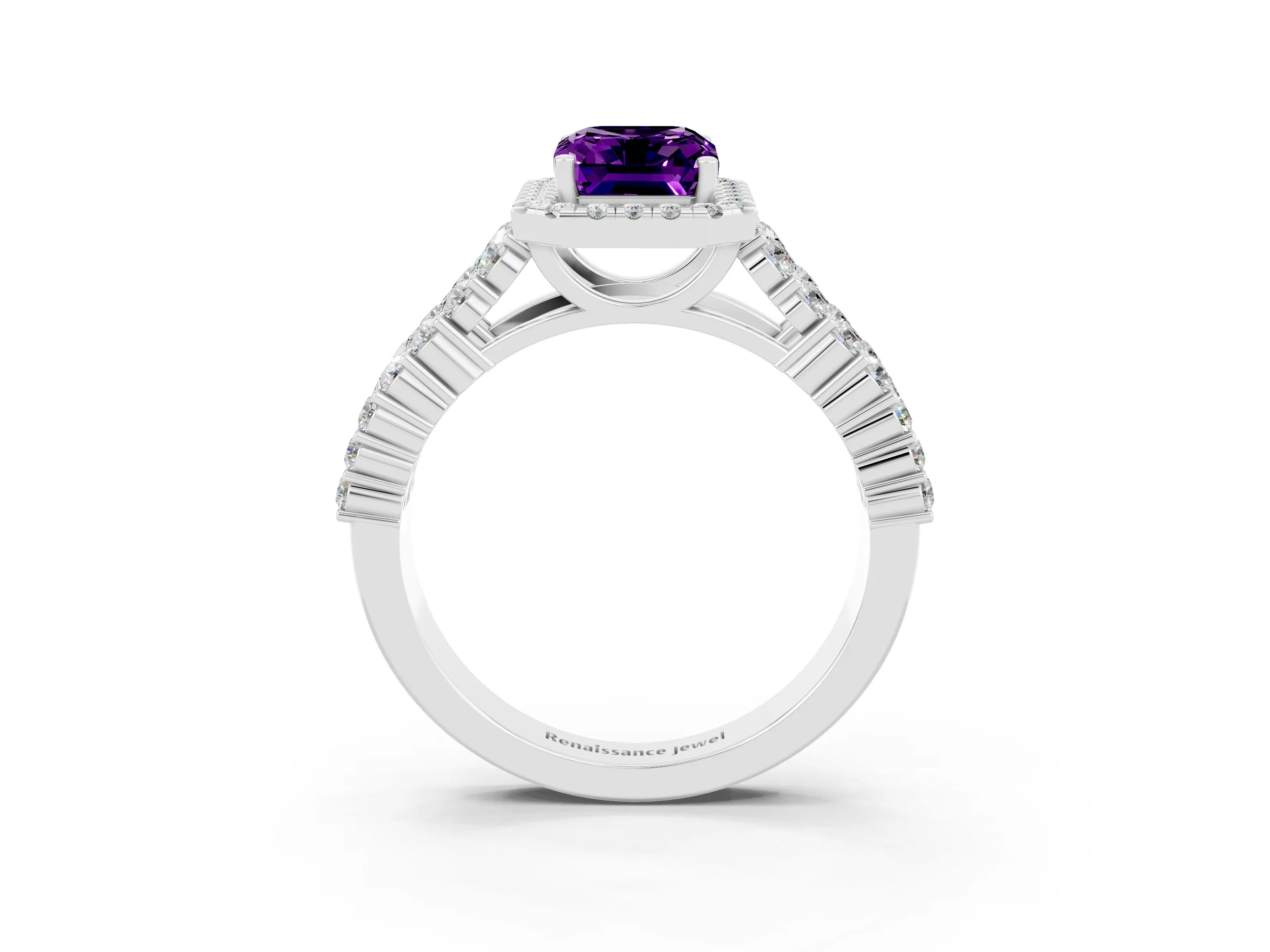 White gold Emerald Cut Halo Pavé Diamond Engagement Ring with Split Shank and Four-Prong Setting_3