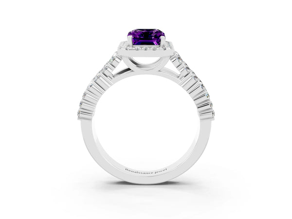 Silver Emerald Cut Amethyst Halo Engagement Ring with Triple Row Round Pavé Band and Prong Setting