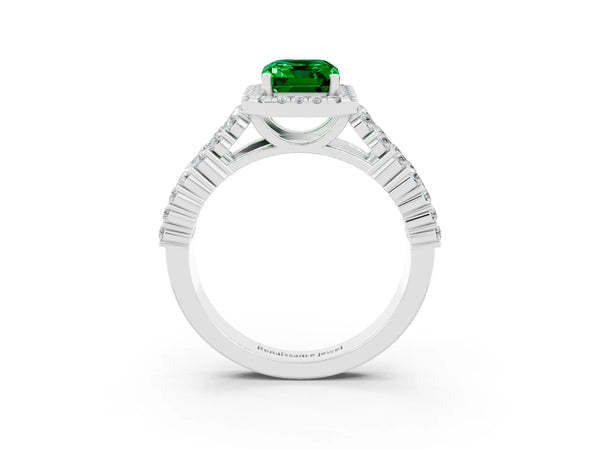 Platinum Emerald Cut Emerald Halo Engagement Ring with Triple Row Round Pavé Band and Prong Setting