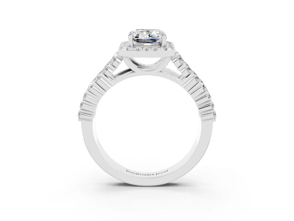 Platinum Emerald Cut Moissanite Halo Engagement Ring with Triple Row Round Pavé Band and Prong Setting