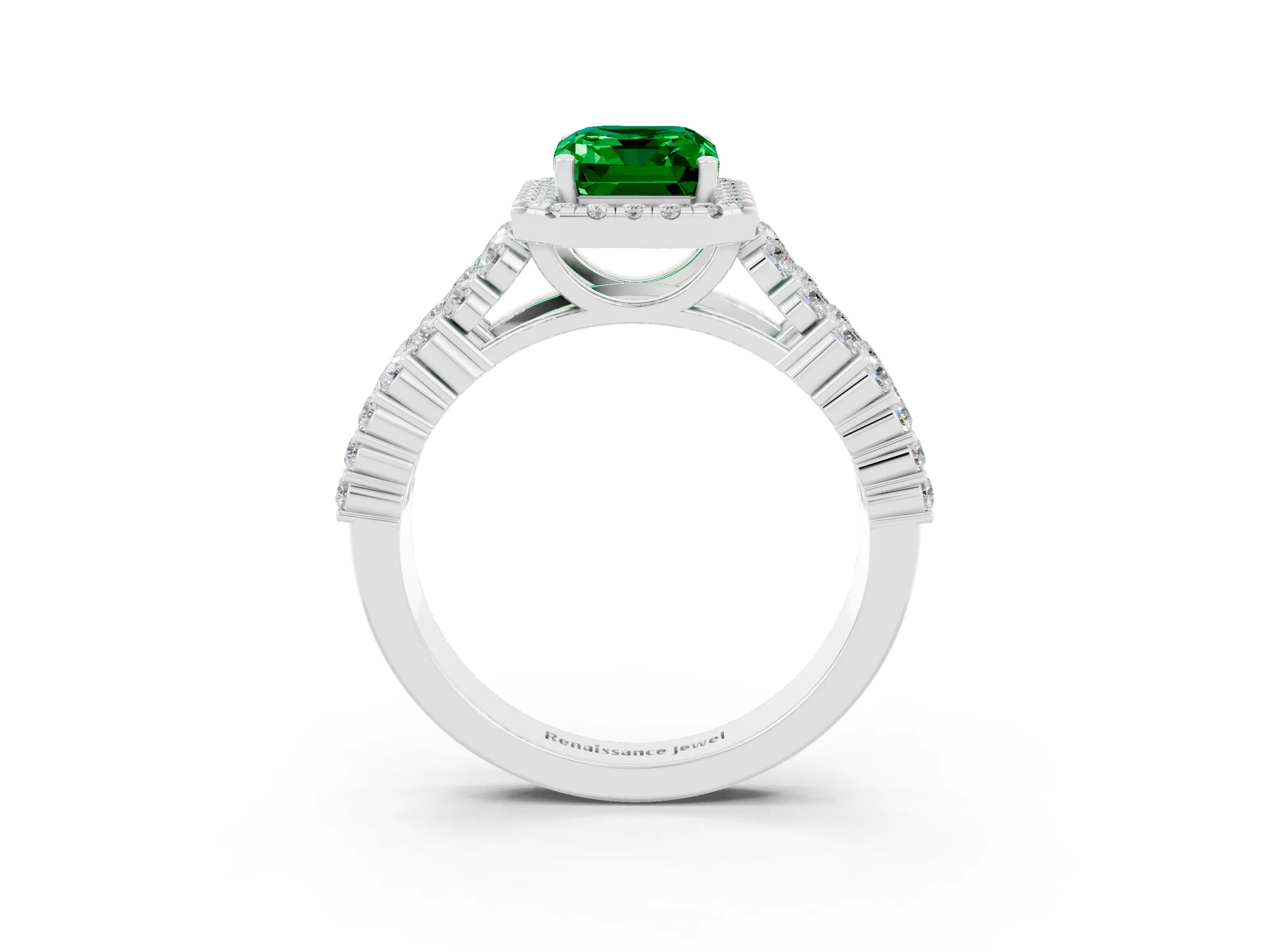 White gold Emerald Cut Halo Pavé Diamond Engagement Ring with Split Shank and Four-Prong Setting_3