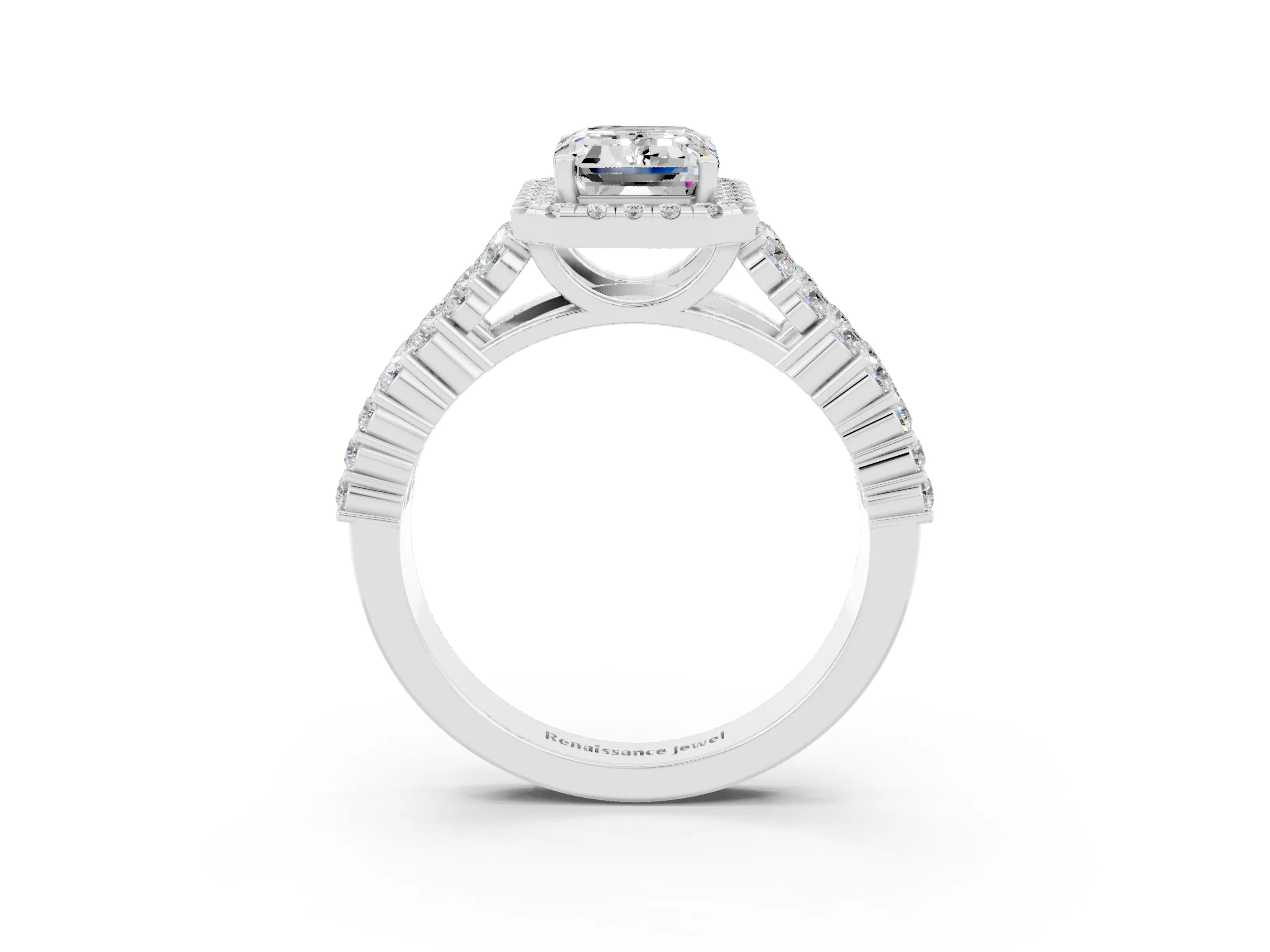 White gold Emerald Cut Halo Pavé Diamond Engagement Ring with Split Shank and Four-Prong Setting_3