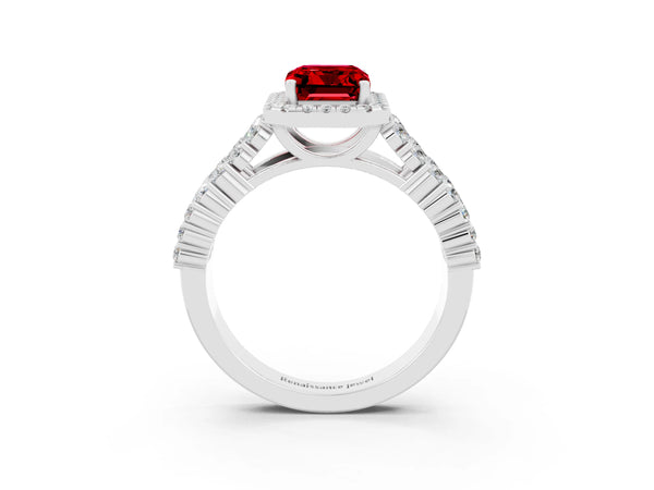 Silver Emerald Cut Halo Pavé Diamond Engagement Ring with Split Shank and Four-Prong Setting