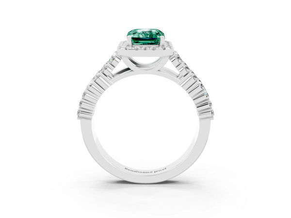 Platinum Emerald Cut Green Sapphire Halo Engagement Ring with Triple Row Round Pavé Band and Prong Setting