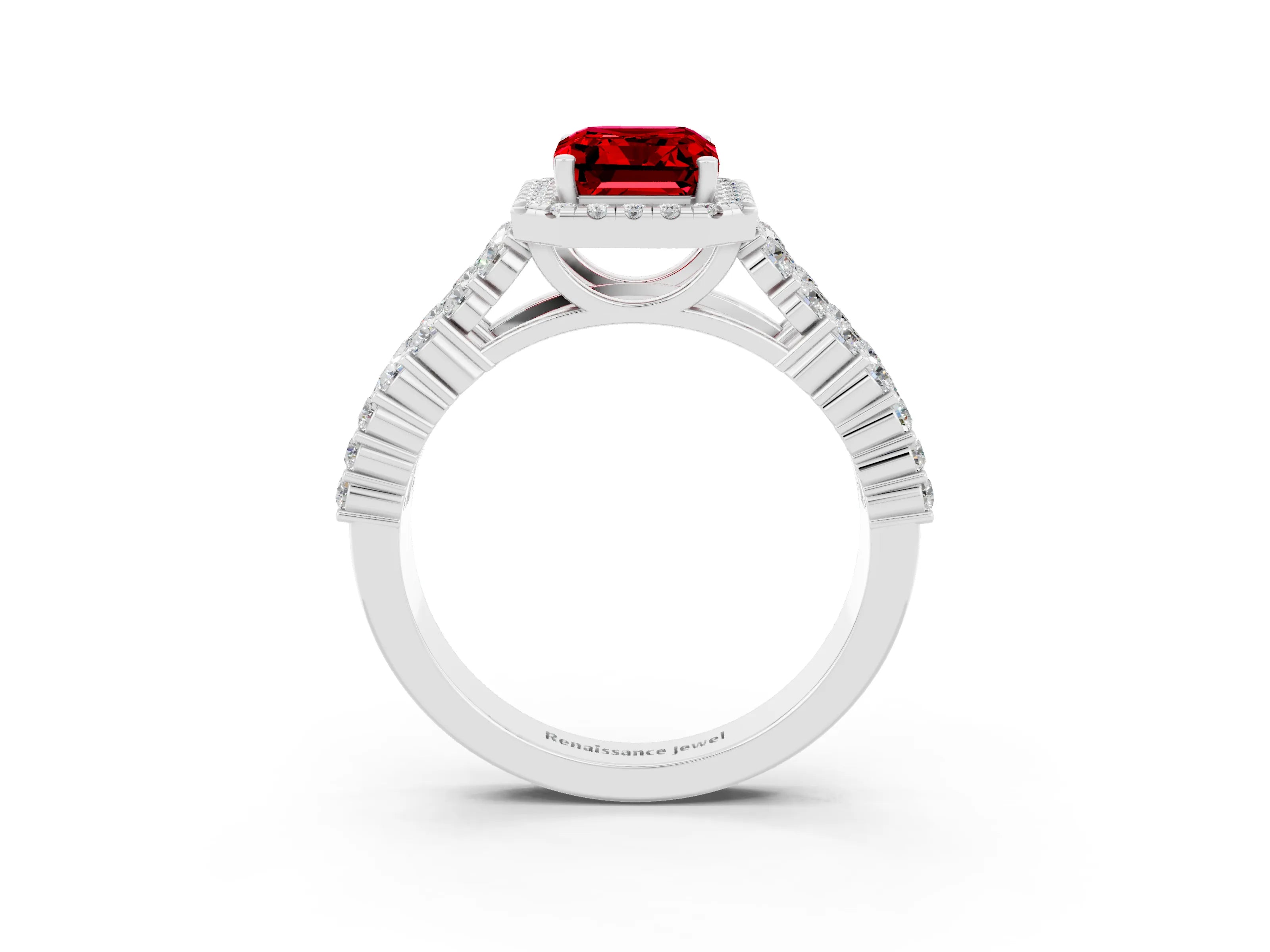 White gold Emerald Cut Halo Pavé Diamond Engagement Ring with Split Shank and Four-Prong Setting_3
