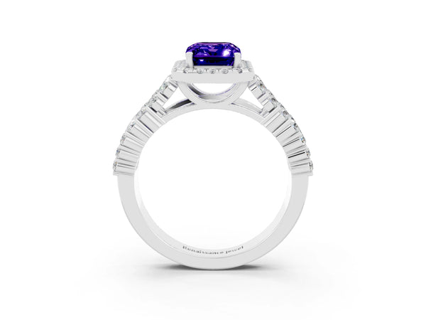 White gold Emerald Cut Tanzanite Halo Engagement Ring with Triple Row Round Pavé Band and Prong Setting