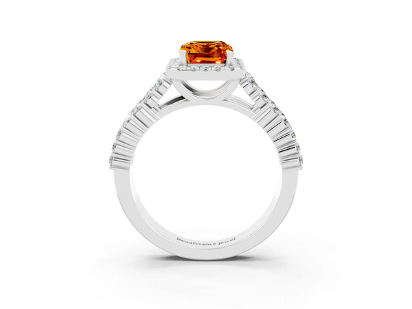 Platinum Emerald Cut Citrine Halo Engagement Ring with Triple Row Round Pavé Band and Prong Setting