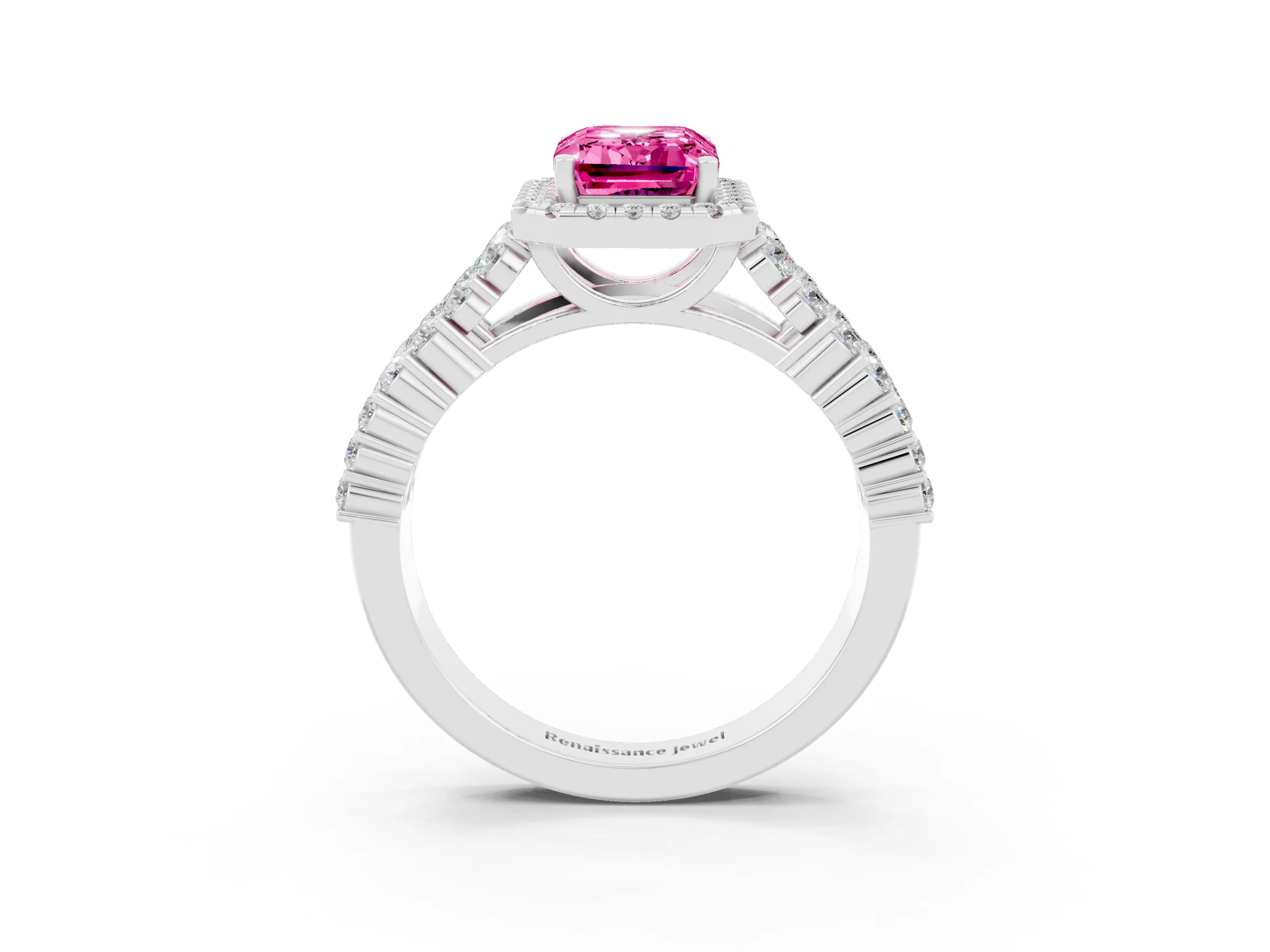 White gold Emerald Cut Halo Pavé Diamond Engagement Ring with Split Shank and Four-Prong Setting_3