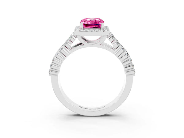 Platinum Emerald Cut Pink Sapphire Halo Engagement Ring with Triple Row Round Pavé Band and Prong Setting