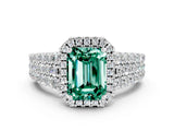 White gold Emerald Cut Halo Pavé Diamond Engagement Ring with Split Shank and Four-Prong Setting