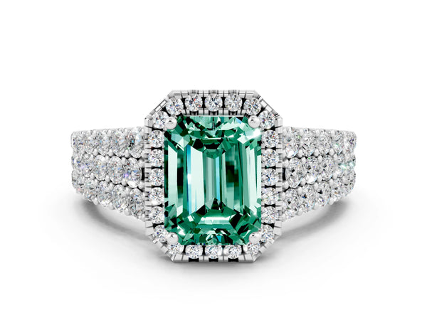 Platinum Emerald Cut Green Sapphire Halo Engagement Ring with Triple Row Round Pavé Band and Prong Setting