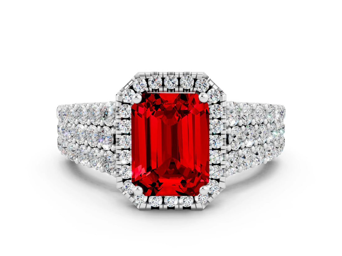 White gold Emerald Cut Halo Pavé Diamond Engagement Ring with Split Shank and Four-Prong Setting