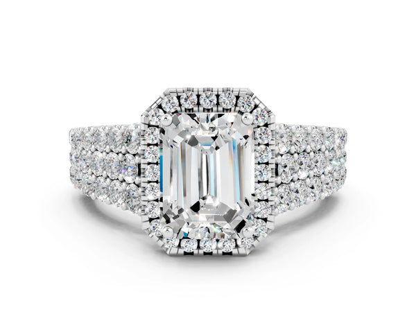 White gold Emerald Cut Moissanite Halo Engagement Ring with Triple Row Round Pavé Band and Prong Setting