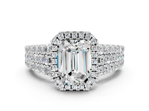 White gold Emerald Cut Halo Pavé Diamond Engagement Ring with Split Shank and Four-Prong Setting