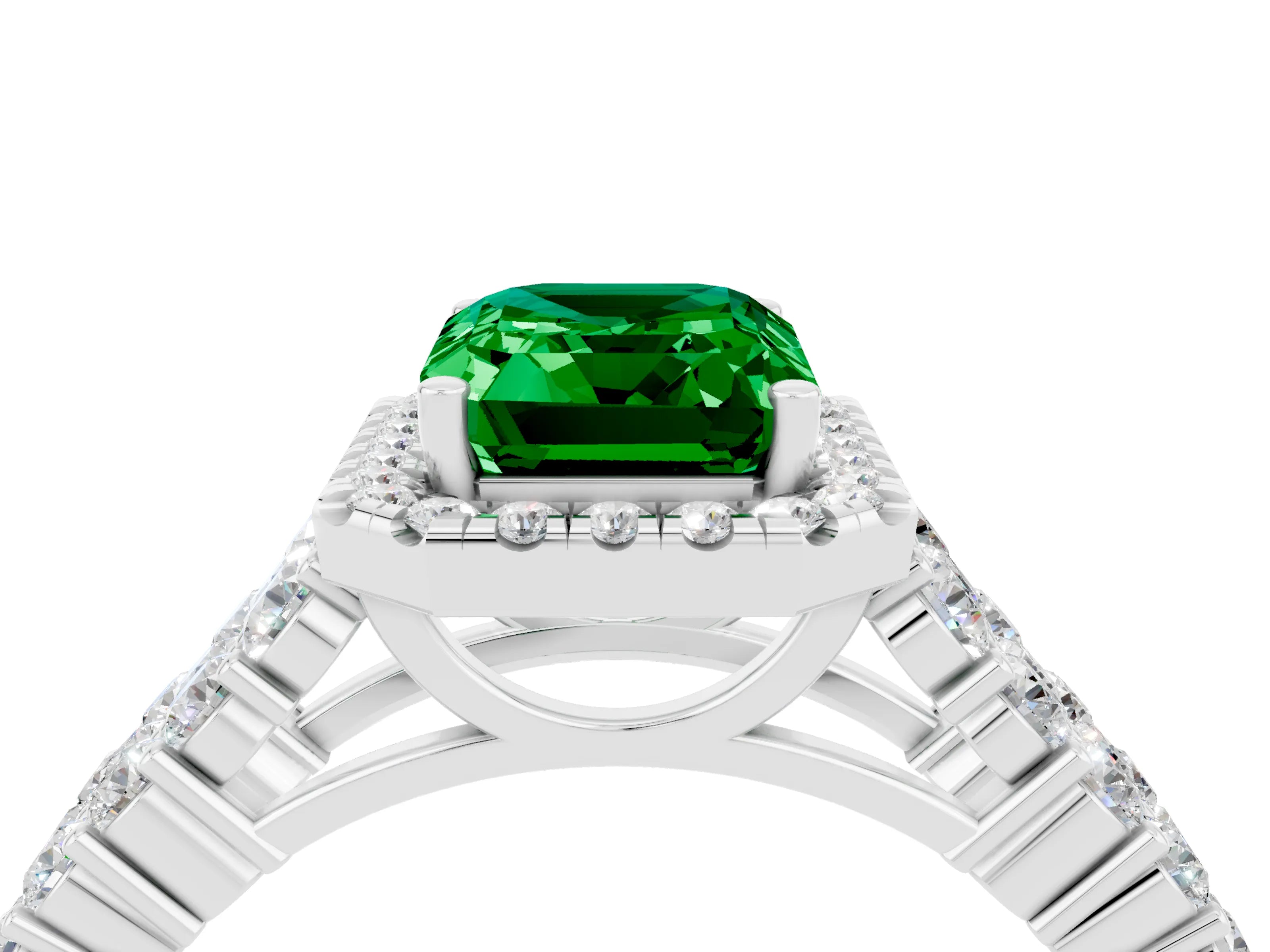 White gold Emerald Cut Halo Pavé Diamond Engagement Ring with Split Shank and Four-Prong Setting_4