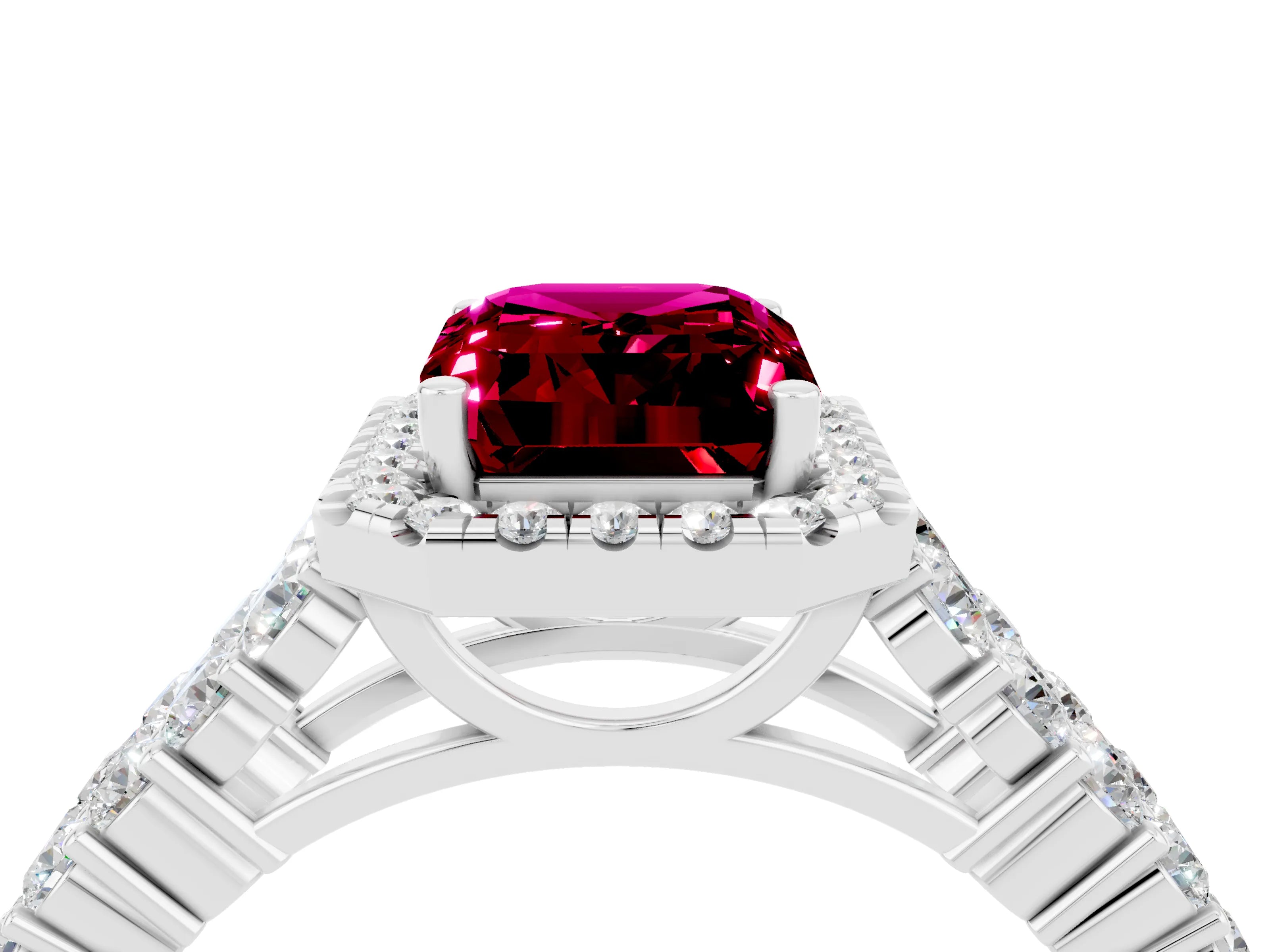 White gold Emerald Cut Halo Pavé Diamond Engagement Ring with Split Shank and Four-Prong Setting_4