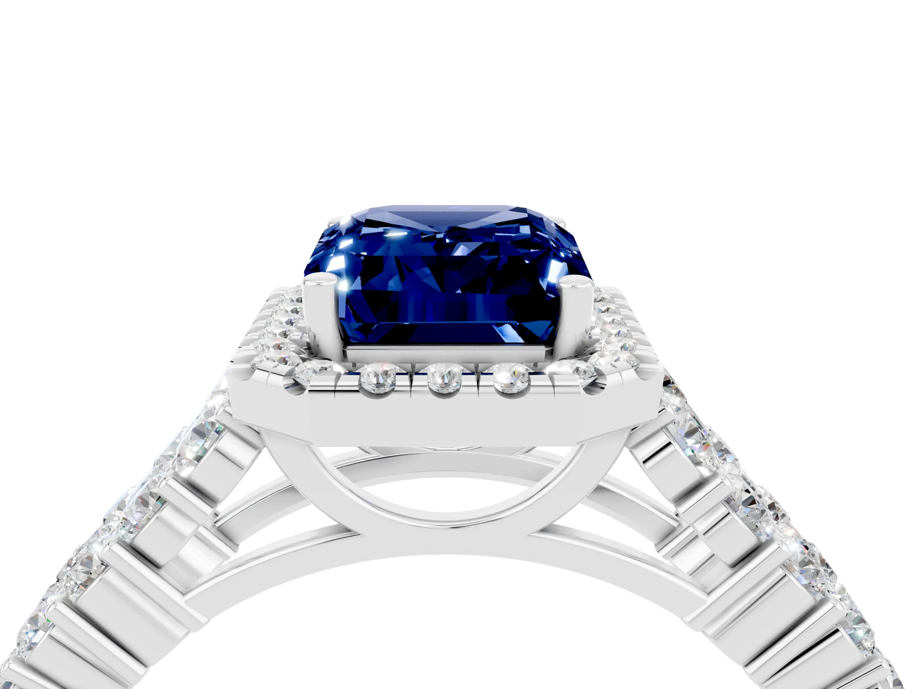 White gold Emerald Cut Halo Pavé Diamond Engagement Ring with Split Shank and Four-Prong Setting_4