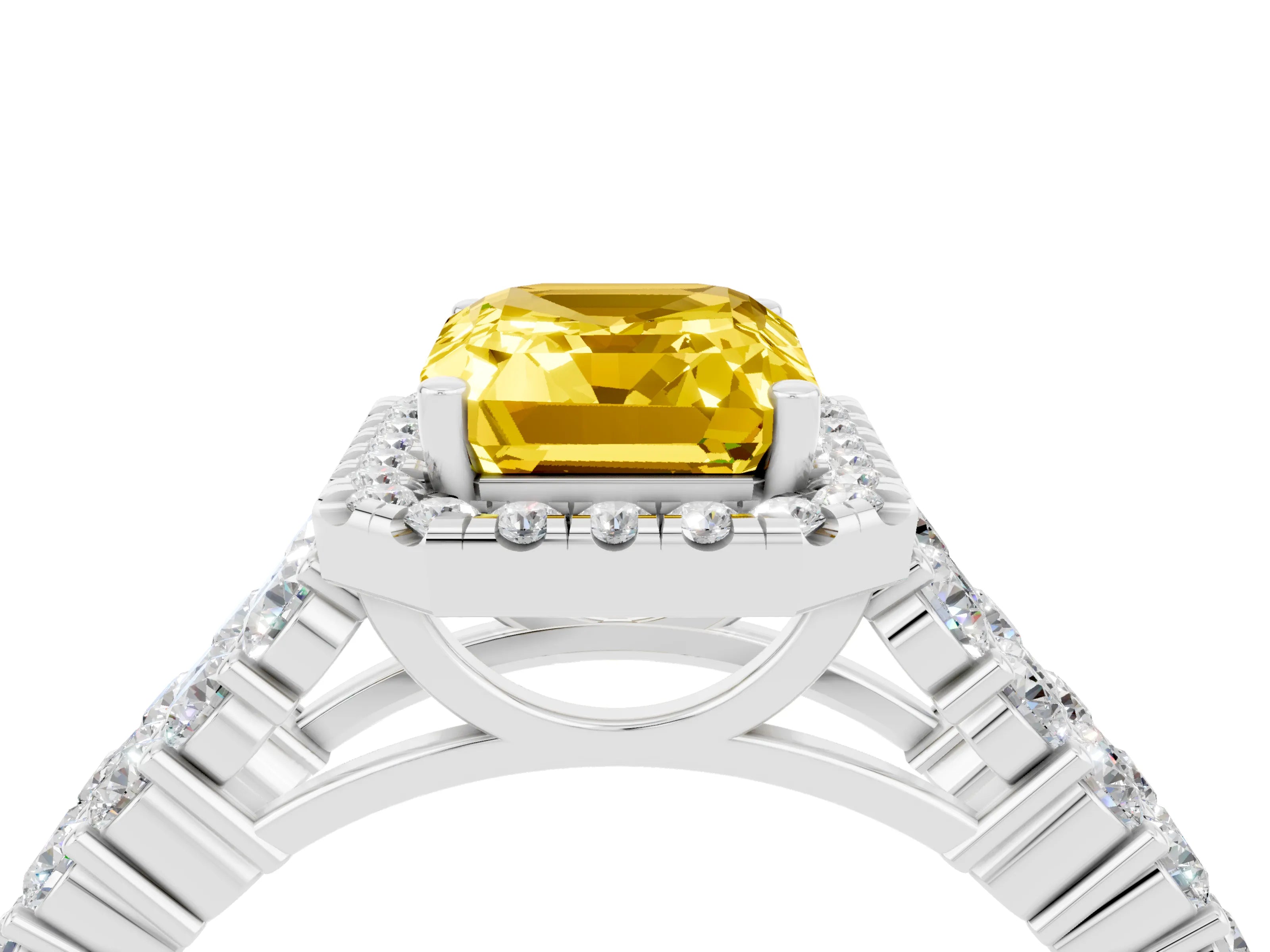White gold Emerald Cut Halo Pavé Diamond Engagement Ring with Split Shank and Four-Prong Setting_4