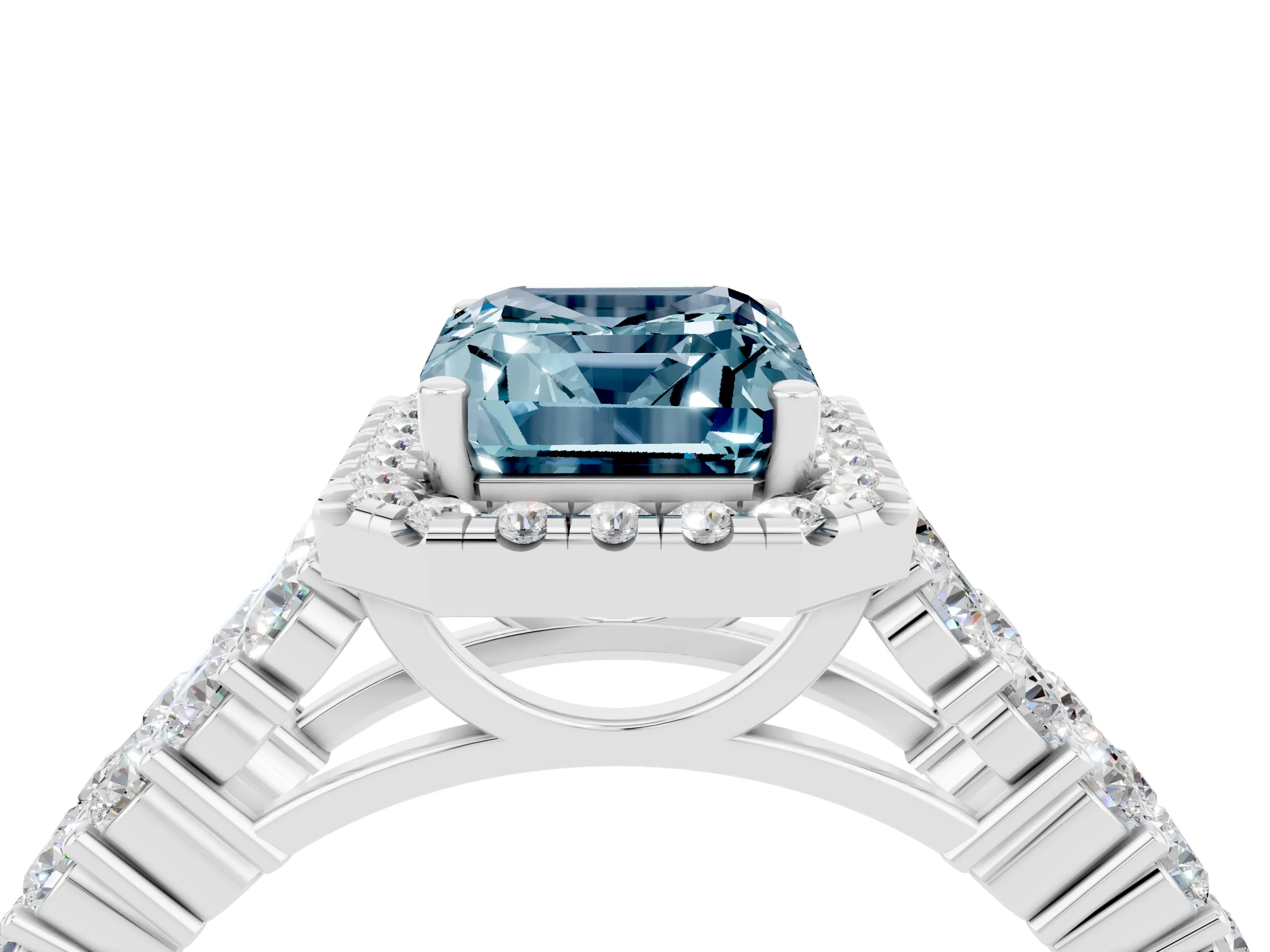 White gold Emerald Cut Halo Pavé Diamond Engagement Ring with Split Shank and Four-Prong Setting_4