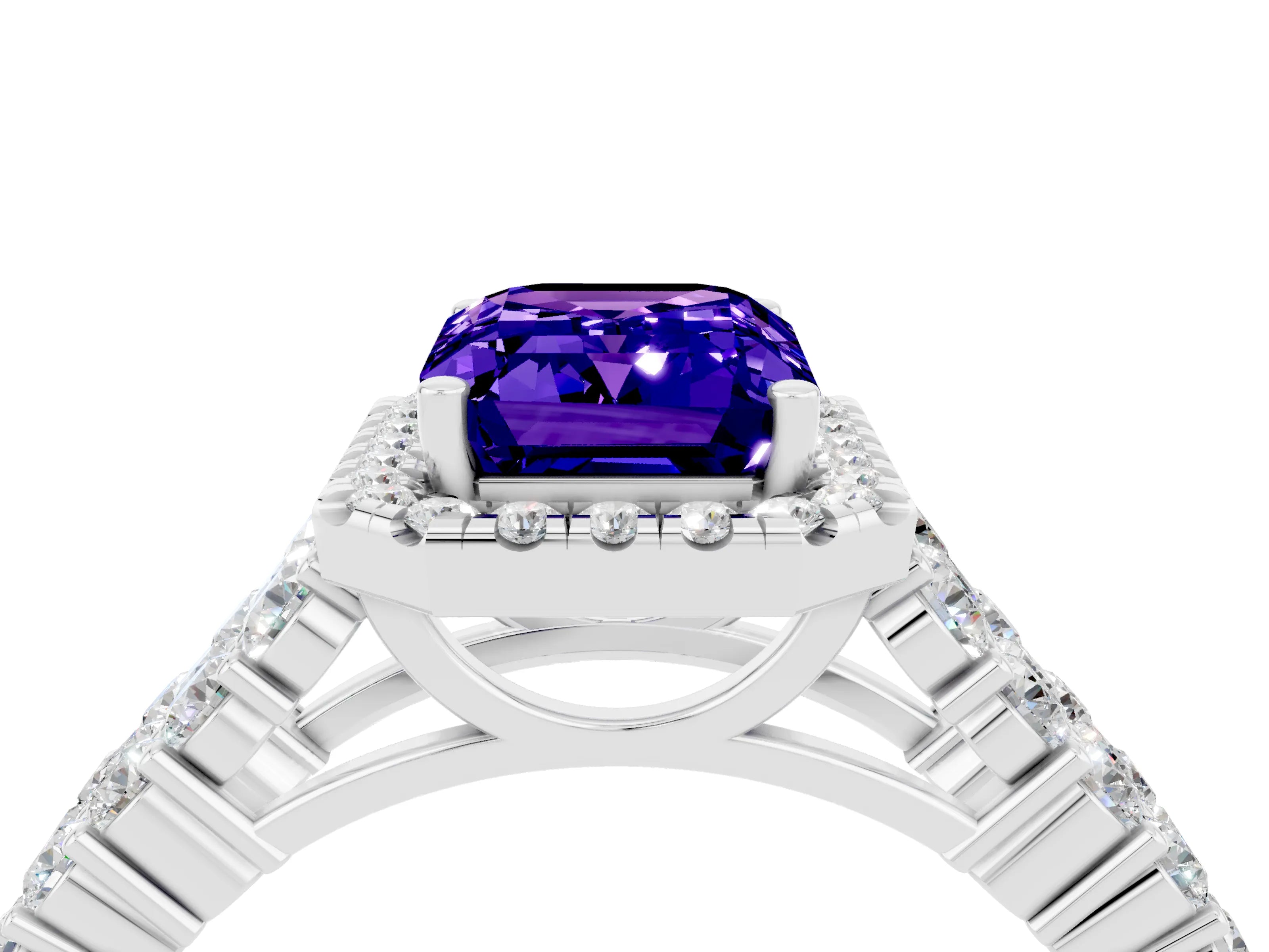 White gold Emerald Cut Halo Pavé Diamond Engagement Ring with Split Shank and Four-Prong Setting_4