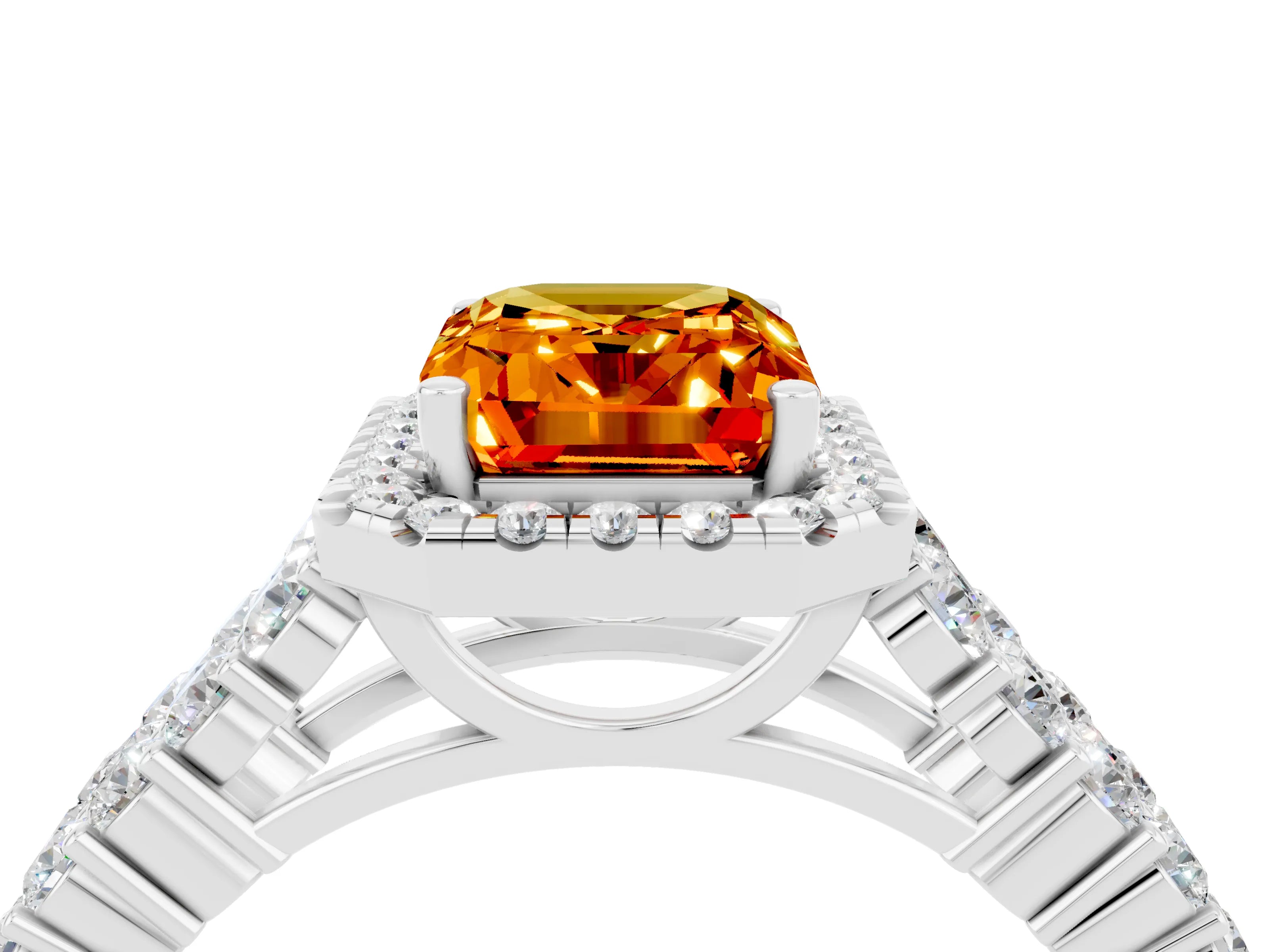 White gold Emerald Cut Halo Pavé Diamond Engagement Ring with Split Shank and Four-Prong Setting_4