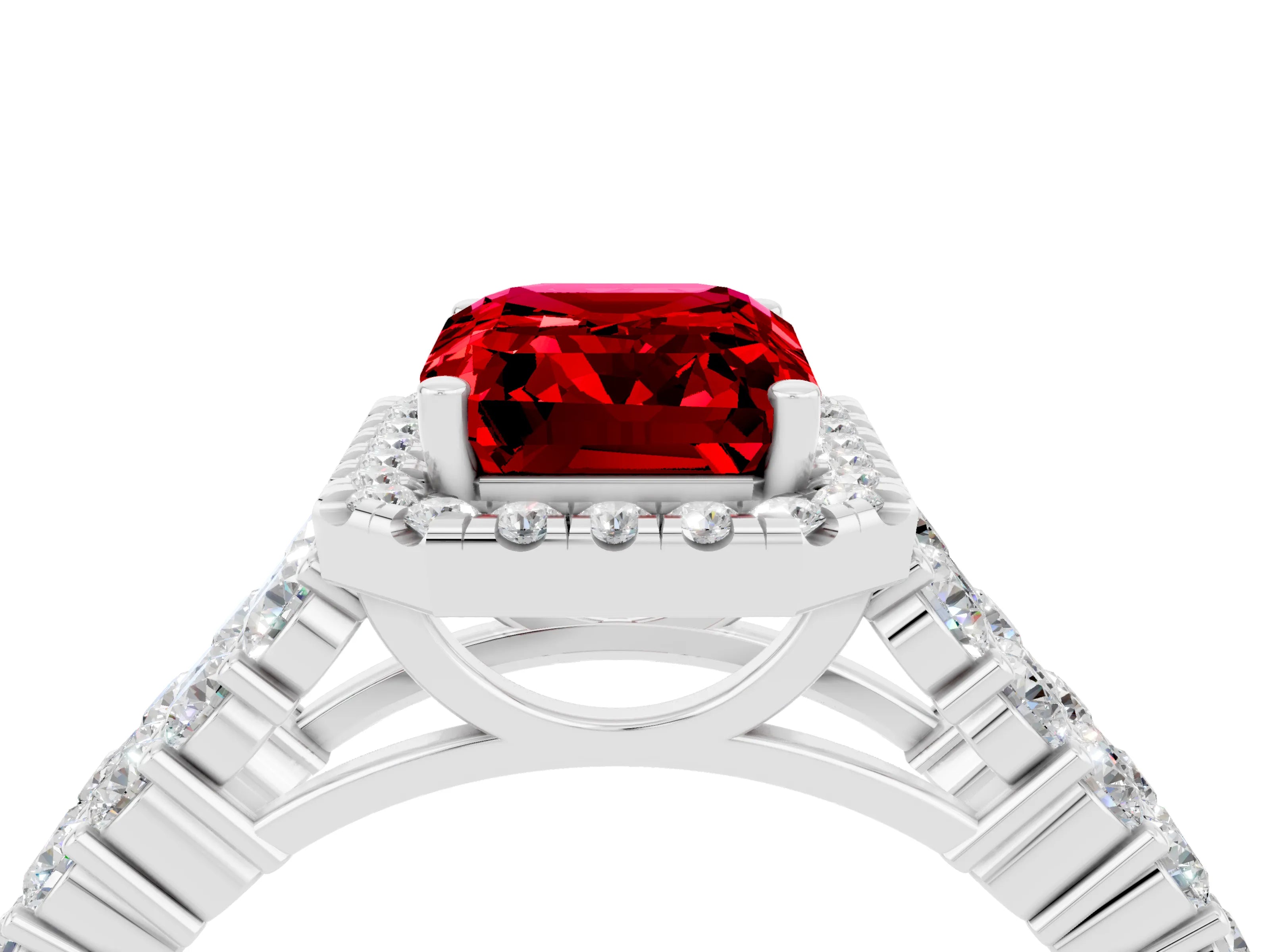 White gold Emerald Cut Halo Pavé Diamond Engagement Ring with Split Shank and Four-Prong Setting_4