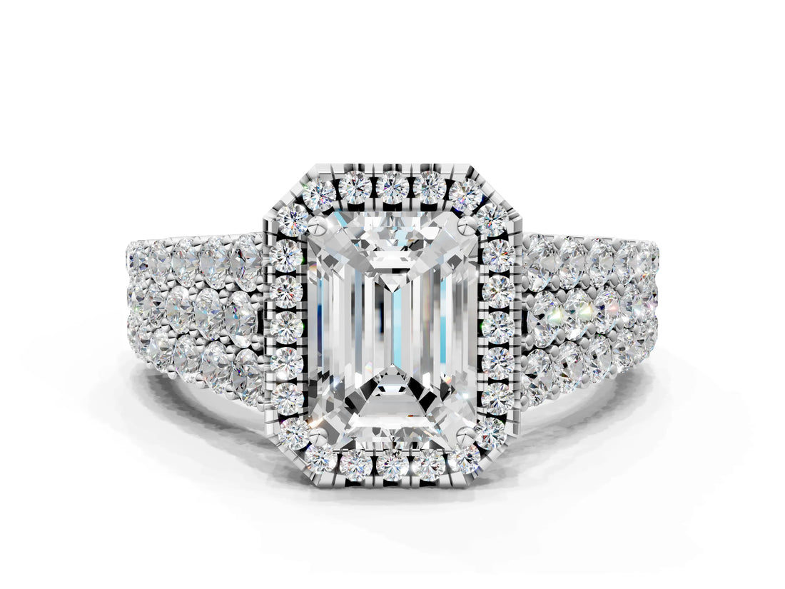 White gold Emerald Cut Halo Pavé Diamond Engagement Ring with Split Shank and Four-Prong Setting_4