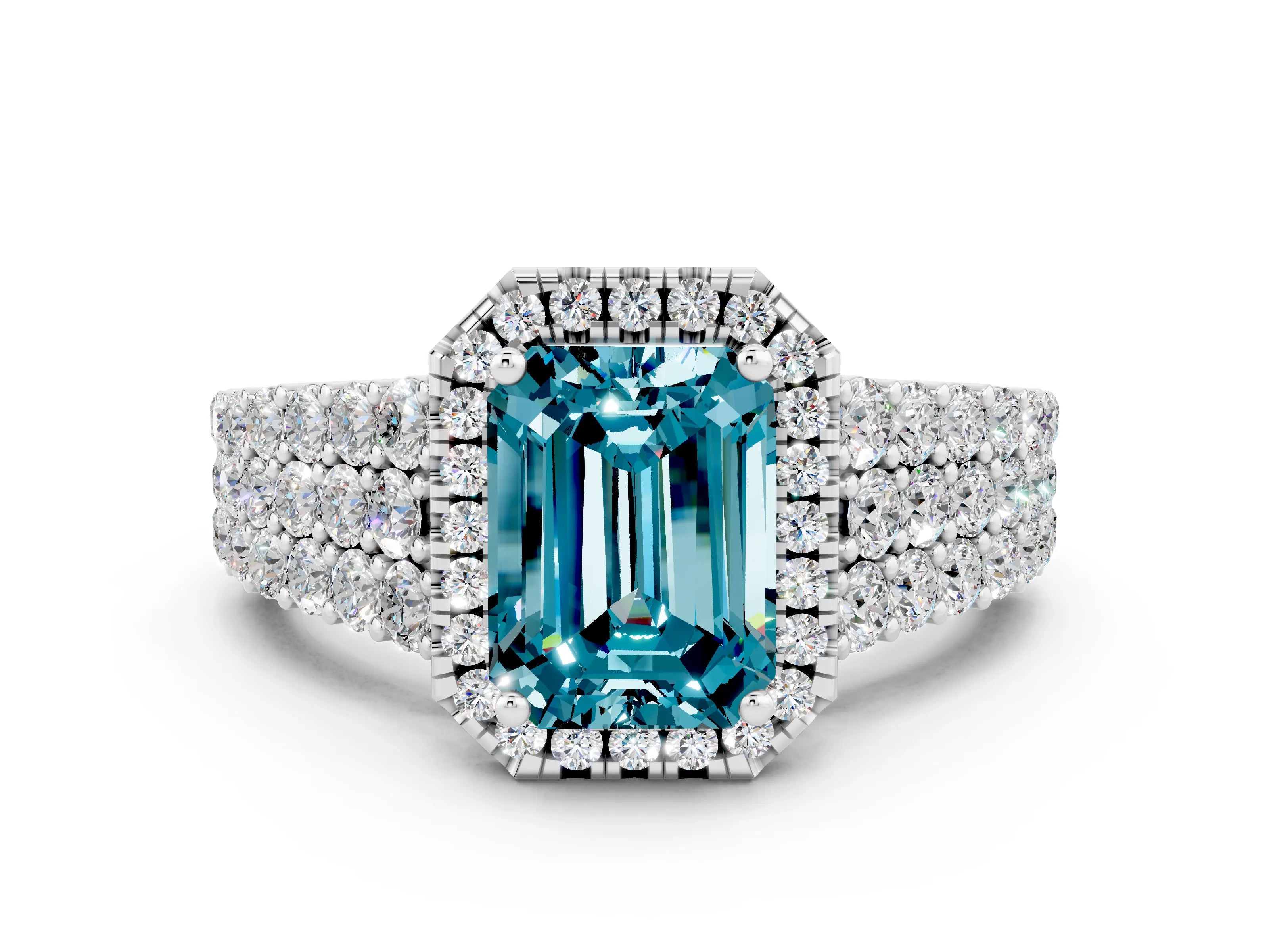 White gold Emerald Cut Halo Pavé Diamond Engagement Ring with Split Shank and Four-Prong Setting