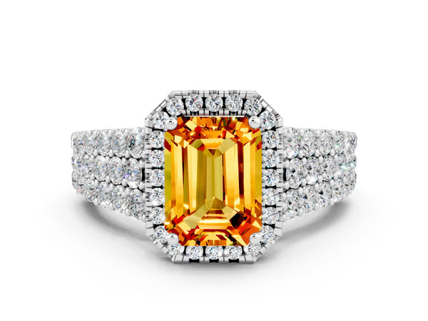 White gold Emerald Cut Citrine Halo Engagement Ring with Triple Row Round Pavé Band and Prong Setting