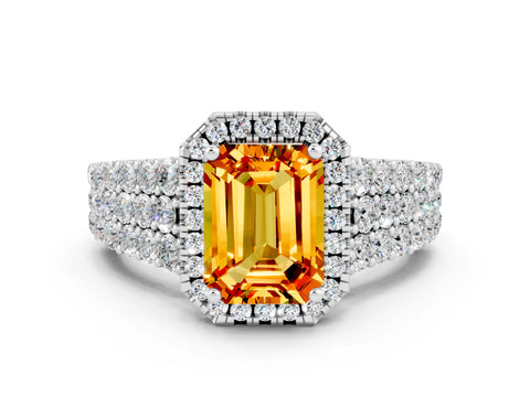 White gold Emerald Cut Halo Pavé Diamond Engagement Ring with Split Shank and Four-Prong Setting