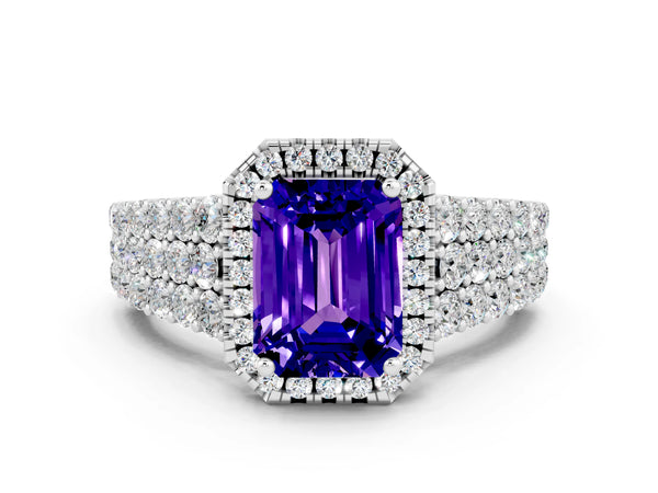 White gold Emerald Cut Tanzanite Halo Engagement Ring with Triple Row Round Pavé Band and Prong Setting