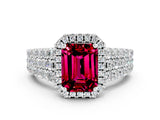 White gold Emerald Cut Halo Pavé Diamond Engagement Ring with Split Shank and Four-Prong Setting