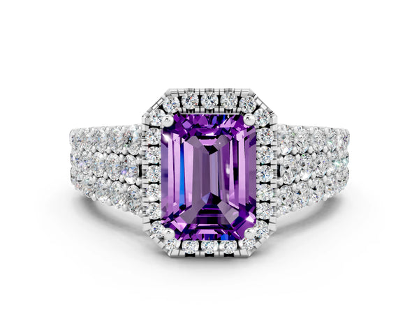 Platinum Emerald Cut Amethyst Halo Engagement Ring with Triple Row Round Pavé Band and Prong Setting