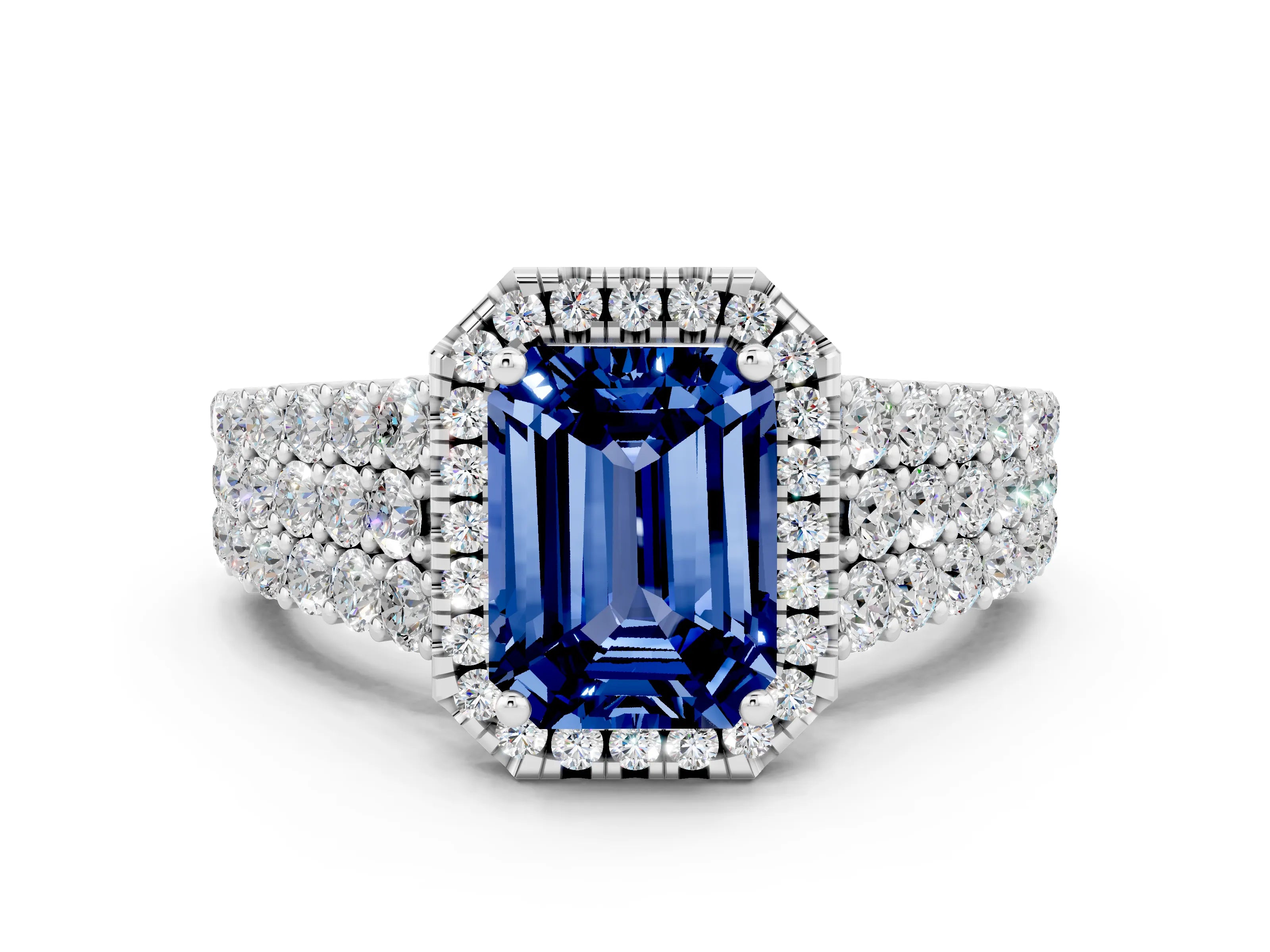 White gold Emerald Cut Halo Pavé Diamond Engagement Ring with Split Shank and Four-Prong Setting