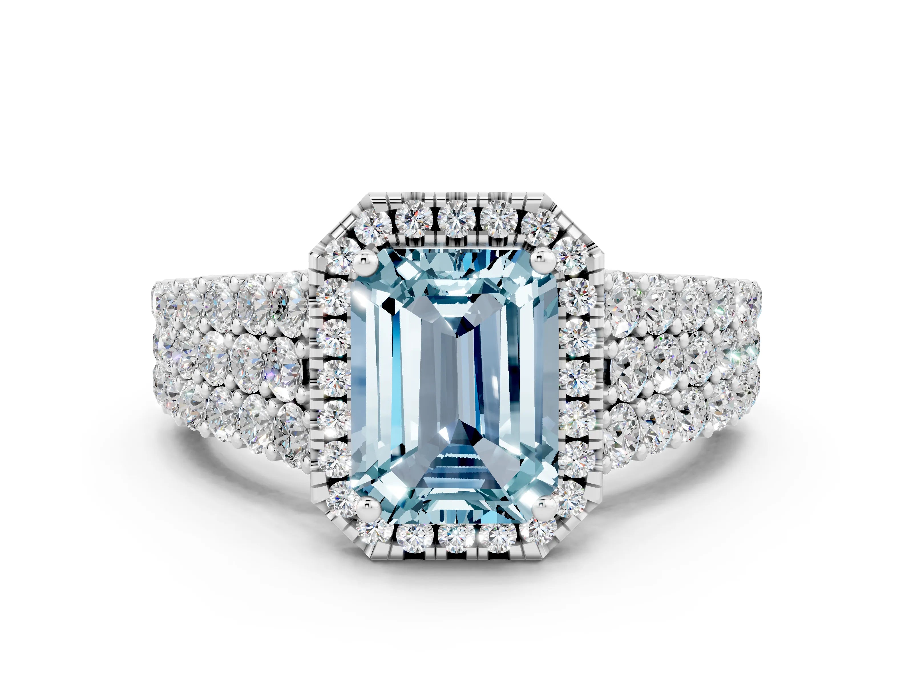 White gold Emerald Cut Halo Pavé Diamond Engagement Ring with Split Shank and Four-Prong Setting