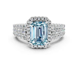 White gold Emerald Cut Halo Pavé Diamond Engagement Ring with Split Shank and Four-Prong Setting