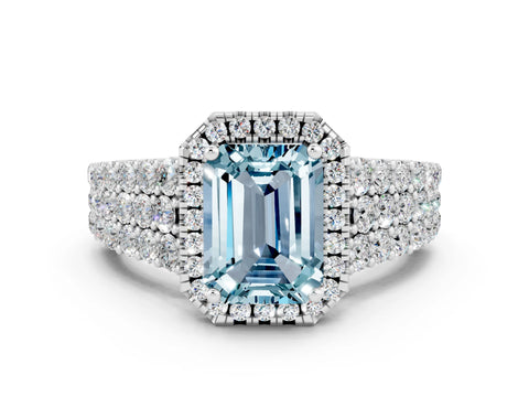 White gold Emerald Cut Halo Pavé Diamond Engagement Ring with Split Shank and Four-Prong Setting