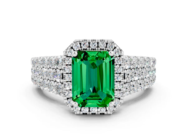 White gold Emerald Cut Emerald Halo Engagement Ring with Triple Row Round Pavé Band and Prong Setting