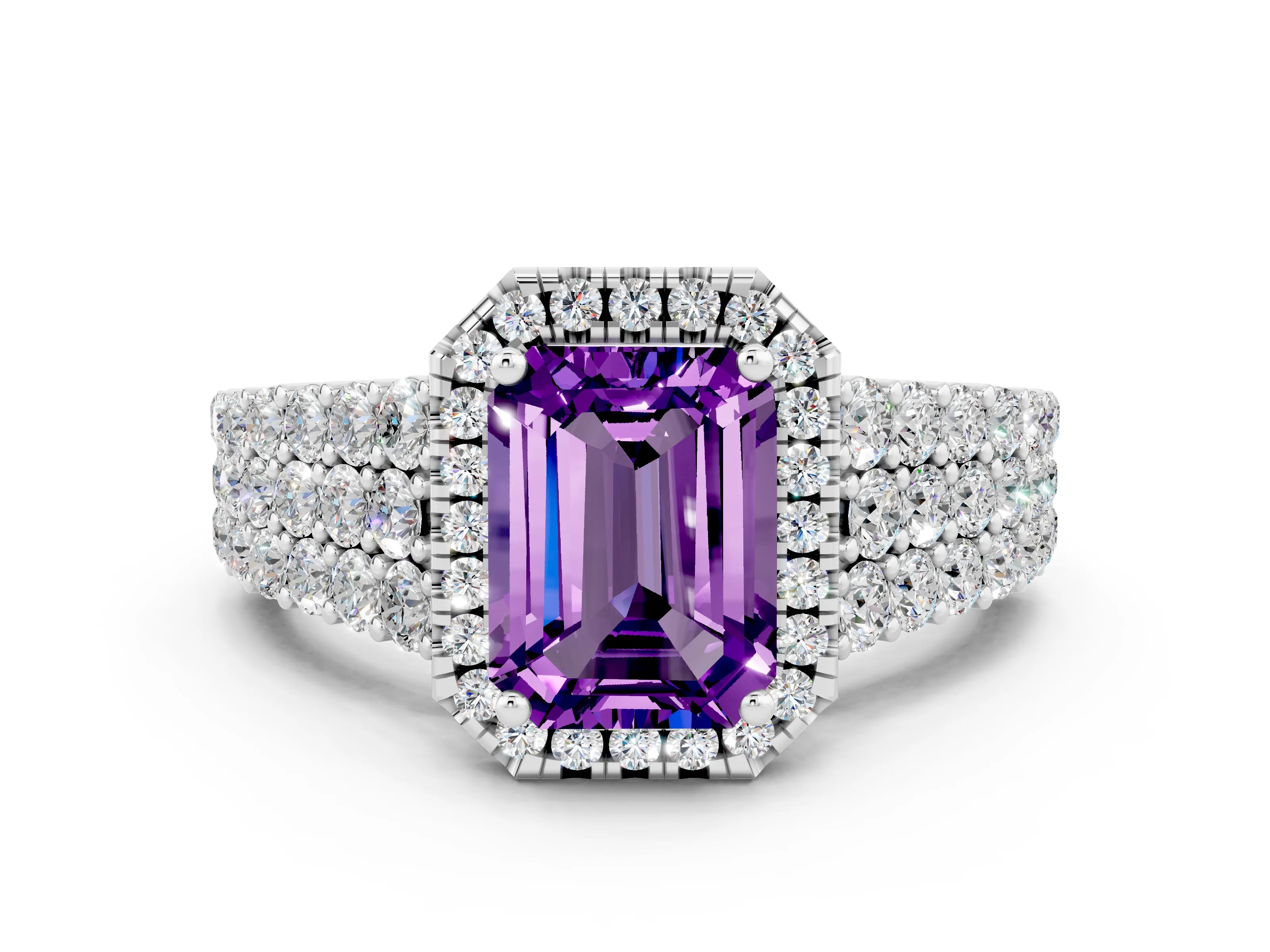 White gold Emerald Cut Halo Pavé Diamond Engagement Ring with Split Shank and Four-Prong Setting